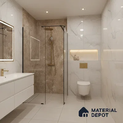 Modern bathroom with white marble-look wall tiles and brown stone highlighter shower wall | Material Depot