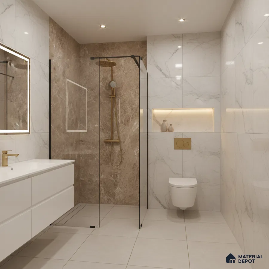 Modern bathroom with white marble-look wall tiles and brown stone highlighter shower wall | Material Depot