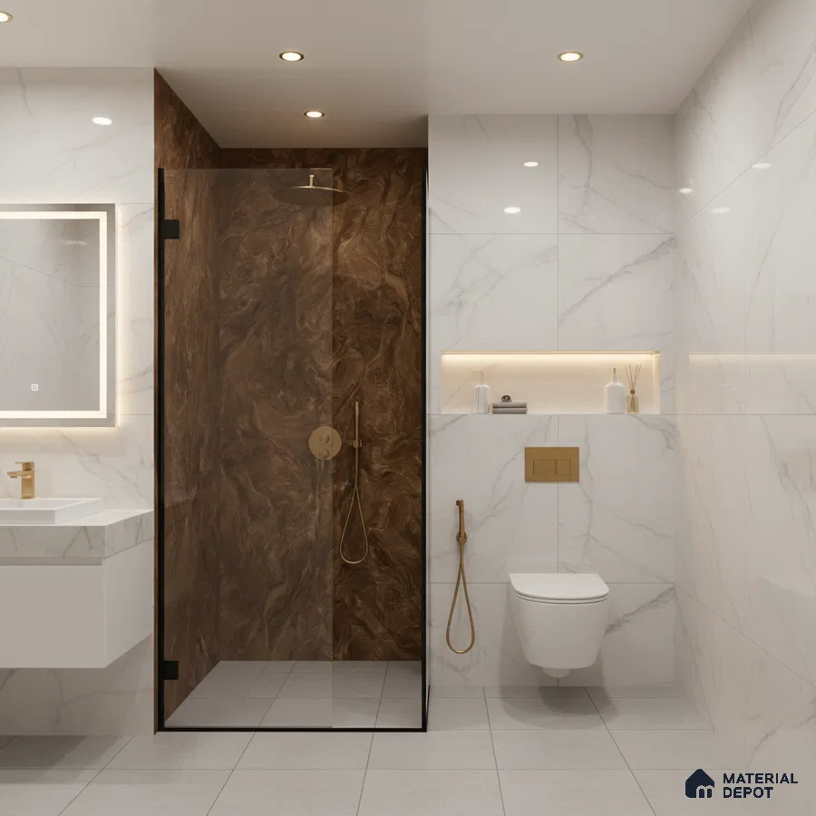 Modern bathroom with white marble-look wall tiles and brown stone-look shower accent tile | Material Depot