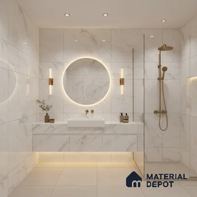 Modern bathroom with white marble-look wall tiles and floating vanity | Material Depot