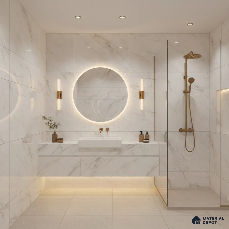 Modern bathroom with white marble-look wall tiles and floating vanity | Material Depot