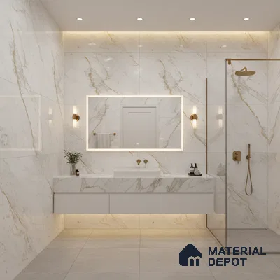 Modern bathroom with white marble-look wall tiles and floating vanity | Material Depot