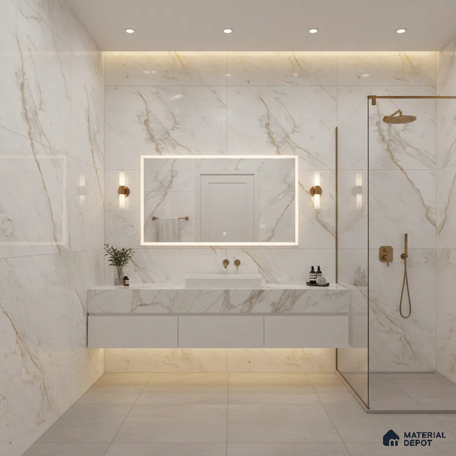 Modern bathroom with white marble-look wall tiles and floating vanity | Material Depot