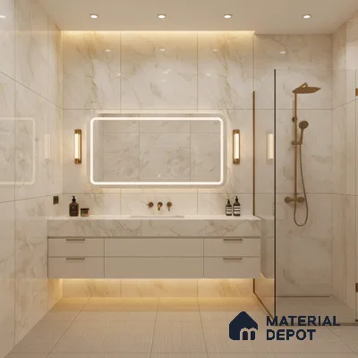 Modern bathroom with white marble-look wall tiles and floating vanity | Material Depot
