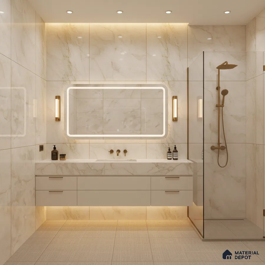 Modern bathroom with white marble-look wall tiles and floating vanity | Material Depot
