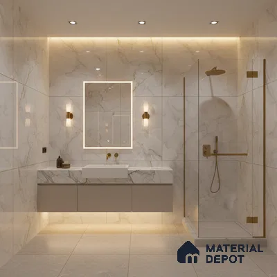 Modern bathroom with white marble-look wall tiles and floating vanity | Material Depot
