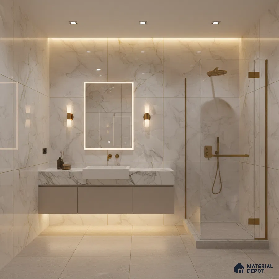 Modern bathroom with white marble-look wall tiles and floating vanity | Material Depot