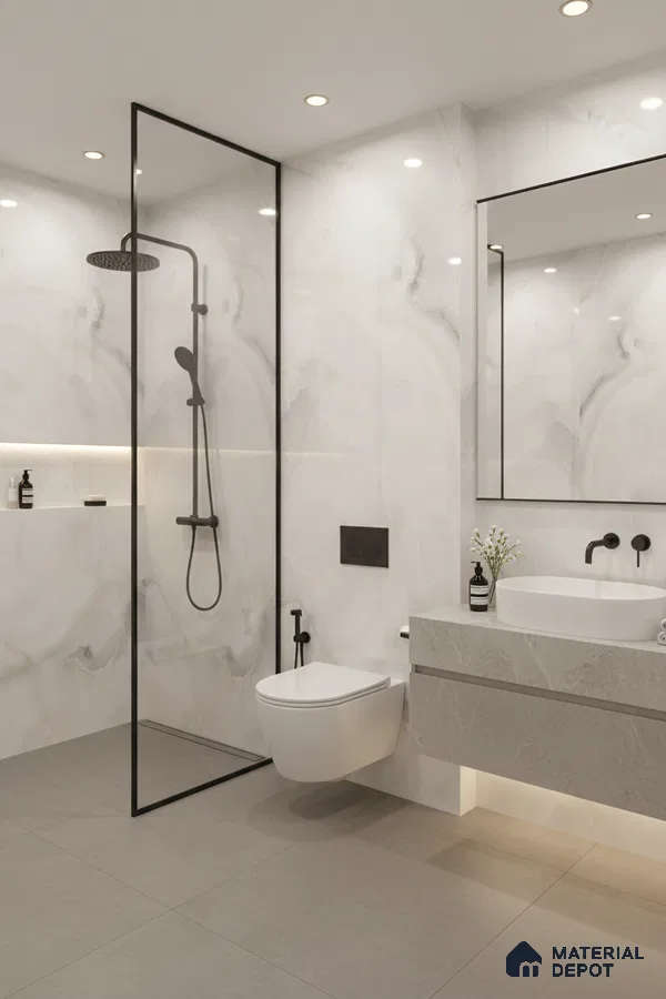 Modern bathroom with white marble-look wall tiles and grey matte floor tiles | Material Depot
