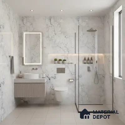 Modern bathroom with white marble-look wall tiles, beige floor tiles, and fluted vanity | Material Depot