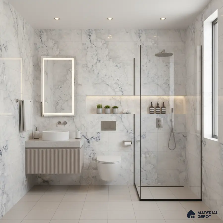 Modern bathroom with white marble-look wall tiles, beige floor tiles, and fluted vanity | Material Depot