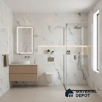 Modern bathroom with white marble-look wall tiles, beige floor tiles, and fluted wood vanity | Material Depot