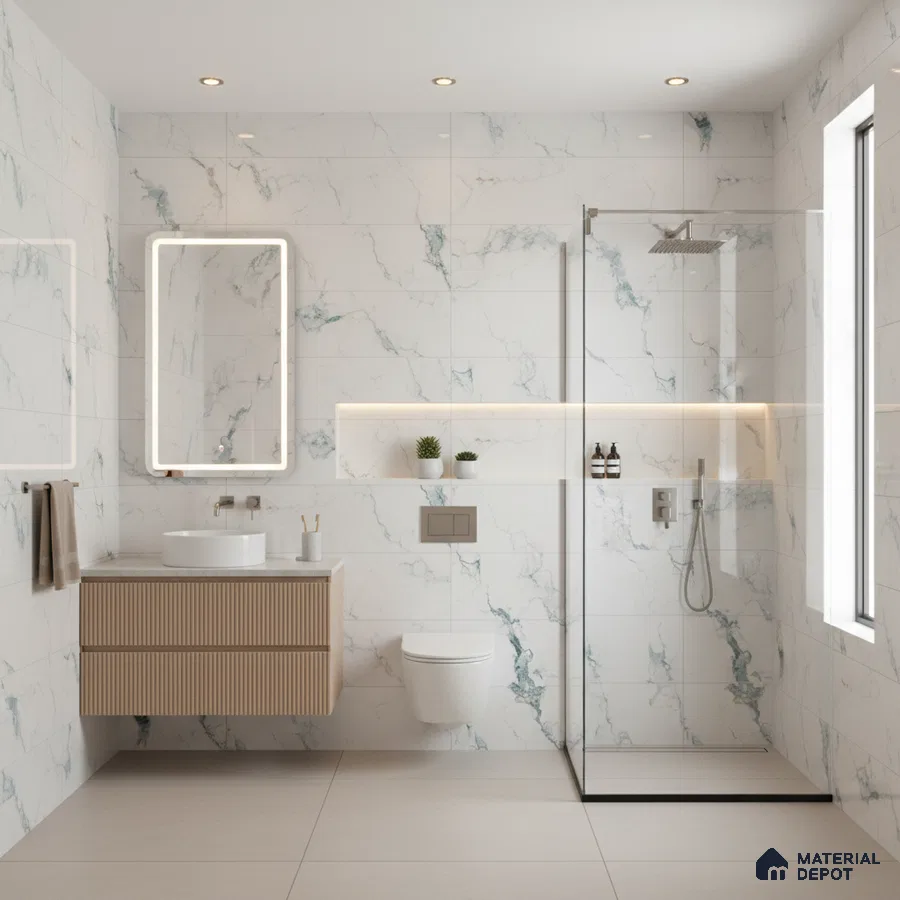 Modern bathroom with white marble-look wall tiles, beige floor tiles, and fluted wood vanity | Material Depot