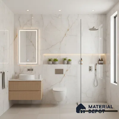 Modern bathroom with white marble-look wall tiles, beige floor tiles, and fluted wood vanity | Material Depot