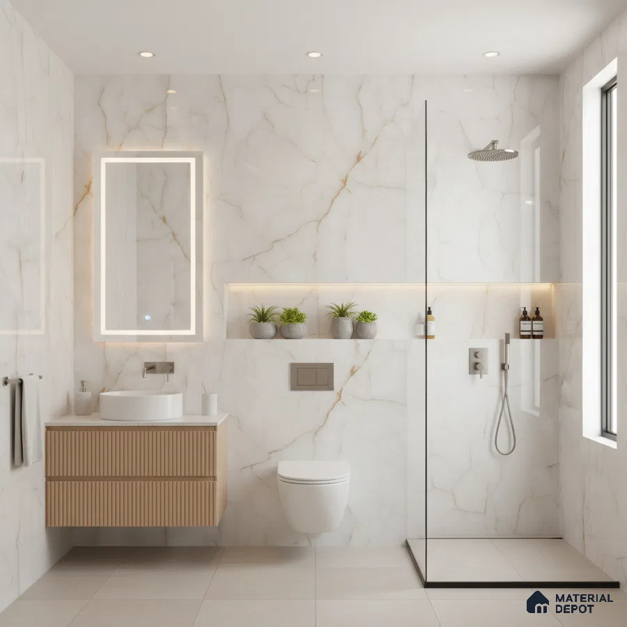Modern bathroom with white marble-look wall tiles, beige floor tiles, and fluted wood vanity | Material Depot