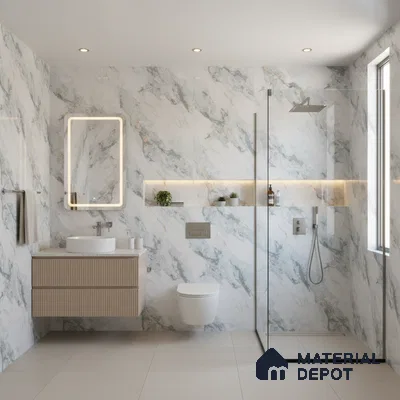 Modern bathroom with white marble-look wall tiles, beige floor tiles, and fluted wood vanity | Material Depot