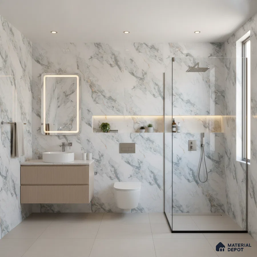 Modern bathroom with white marble-look wall tiles, beige floor tiles, and fluted wood vanity | Material Depot