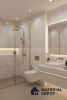 Modern bathroom with white marble-look wall tiles, beige floor tiles, and gold accents | Material Depot
