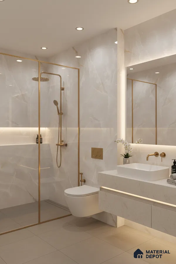 Modern bathroom with white marble-look wall tiles, beige floor tiles, and gold accents | Material Depot
