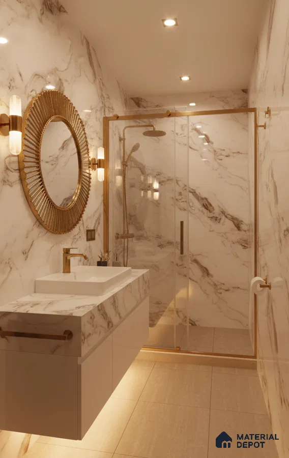 Modern bathroom with white marble-look wall tiles, beige floor tiles, and gold accents | Material Depot