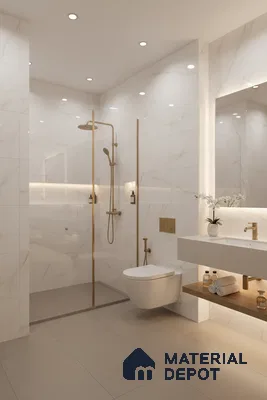Modern bathroom with white marble-look wall tiles, beige floor tiles, and gold fixtures | Material Depot
