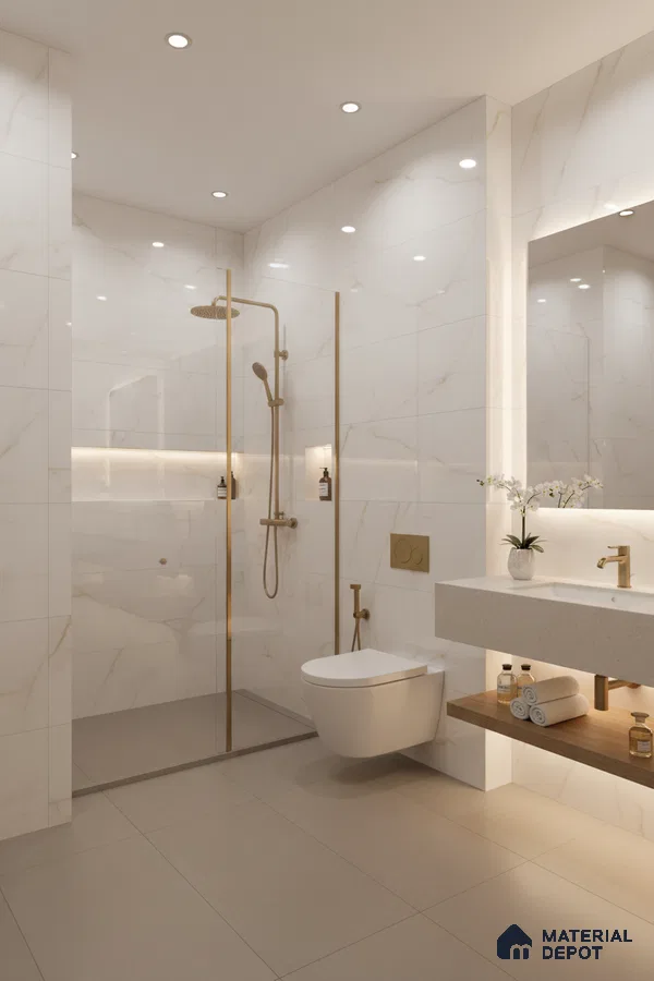 Modern bathroom with white marble-look wall tiles, beige floor tiles, and gold fixtures | Material Depot