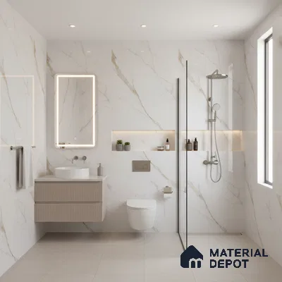 Modern bathroom with white marble-look wall tiles, beige fluted vanity, and matte beige floor tiles | Material Depot