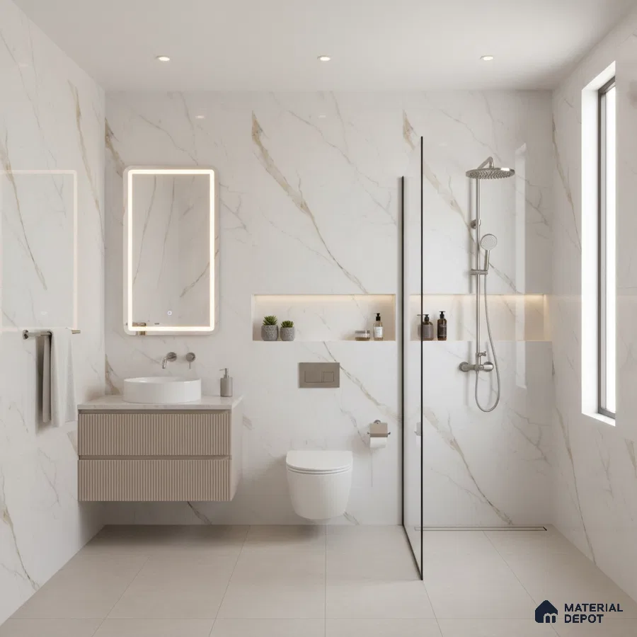 Modern bathroom with white marble-look wall tiles, beige fluted vanity, and matte beige floor tiles | Material Depot