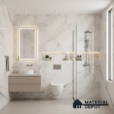 Modern bathroom with white marble-look wall tiles, beige fluted vanity, and minimalist fixtures | Material Depot