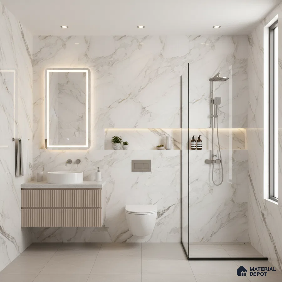 Modern bathroom with white marble-look wall tiles, beige fluted vanity, and minimalist fixtures | Material Depot