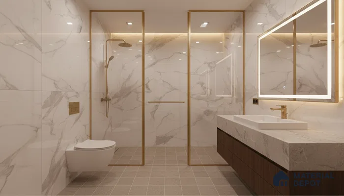Modern bathroom with white marble-look wall tiles, beige grid floor tiles, and floating wood vanity | Material Depot