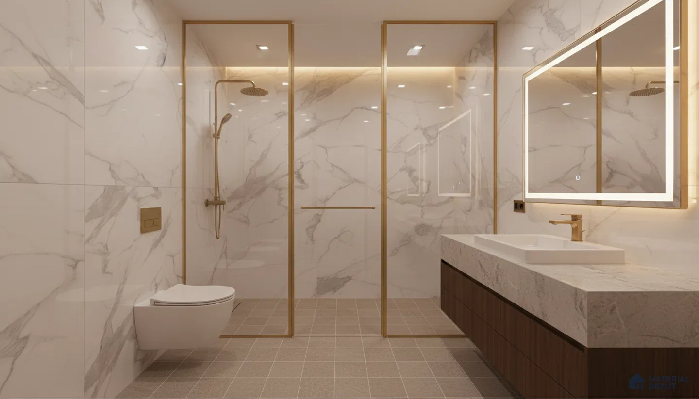Modern bathroom with white marble-look wall tiles, beige grid floor tiles, and floating wood vanity | Material Depot