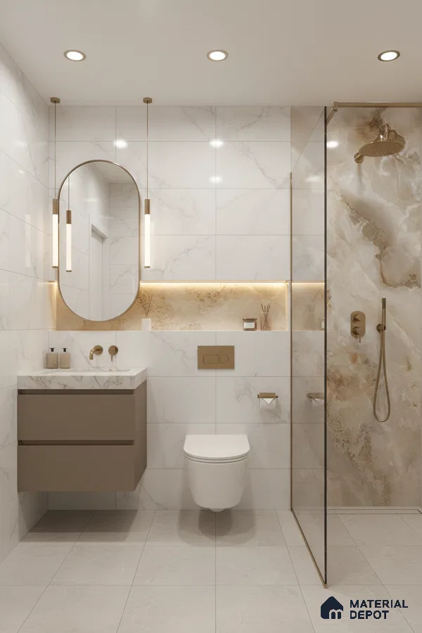 Modern bathroom with white marble-look wall tiles, beige onyx highlighter shower wall, and taupe floating vanity | Material Depot