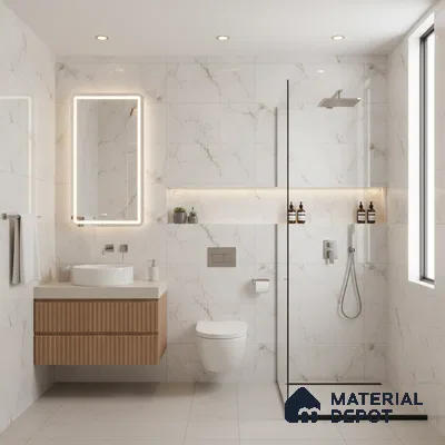 Modern bathroom with white marble-look wall tiles, beige quartz countertop, and fluted wood vanity | Material Depot