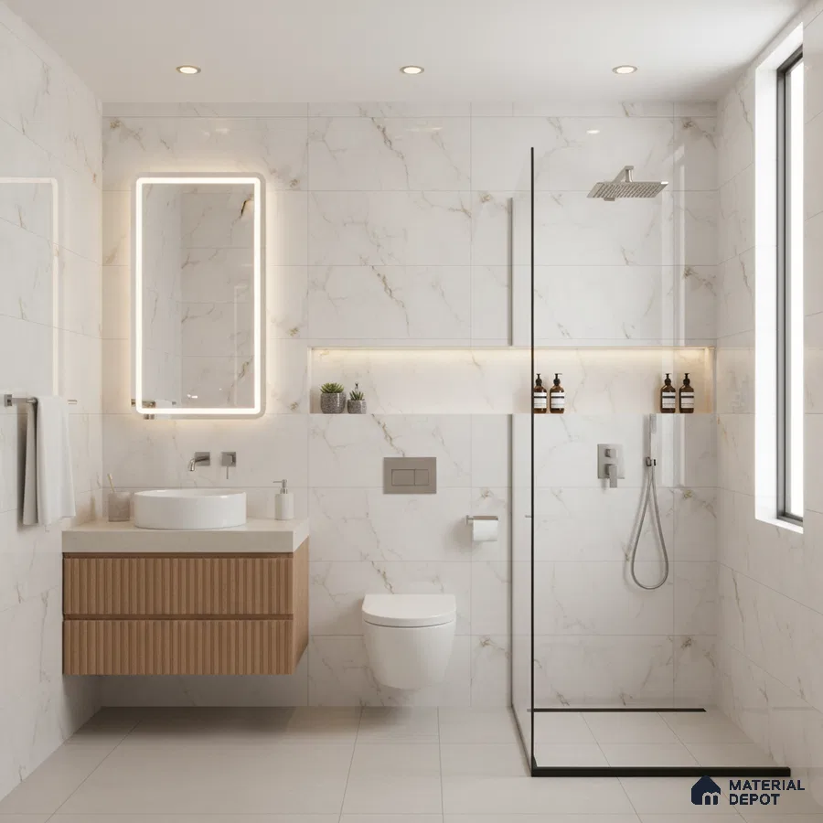 Modern bathroom with white marble-look wall tiles, beige quartz countertop, and fluted wood vanity | Material Depot