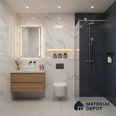 Modern bathroom with white marble-look wall tiles, blue kitkat shower tiles, and wood vanity | Material Depot