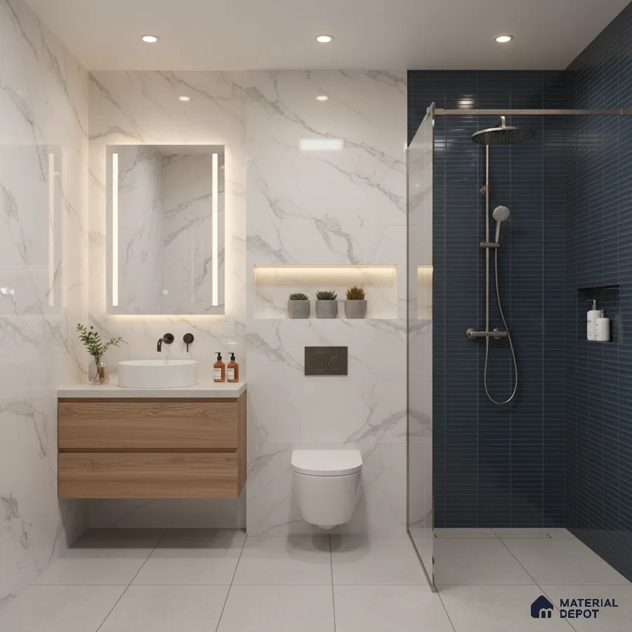 Modern bathroom with white marble-look wall tiles, blue kitkat shower tiles, and wood vanity | Material Depot