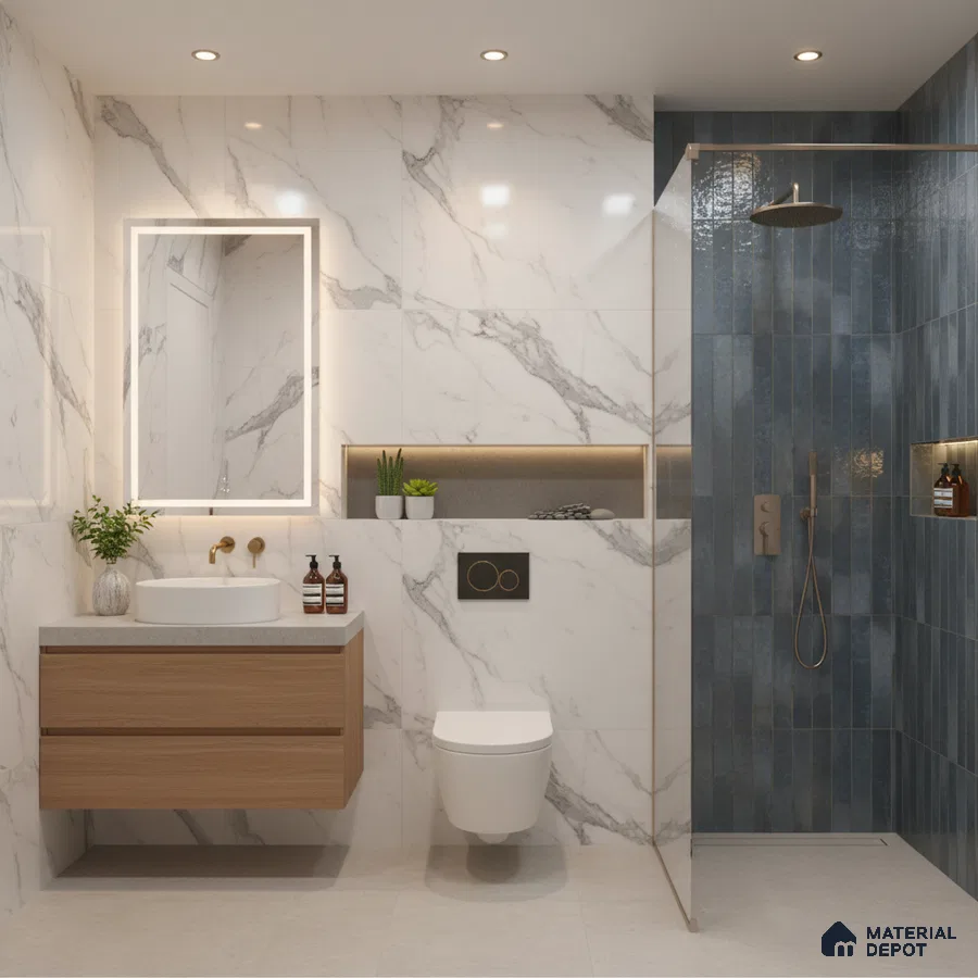 Modern bathroom with white marble-look wall tiles, blue vertical subway shower tiles, and floating wood vanity | Material Depot