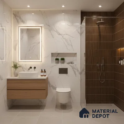 Modern bathroom with white marble-look wall tiles, brown vertical kitkat shower tiles, and floating wood vanity | Material Depot