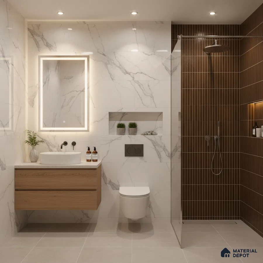 Modern bathroom with white marble-look wall tiles, brown vertical kitkat shower tiles, and floating wood vanity | Material Depot