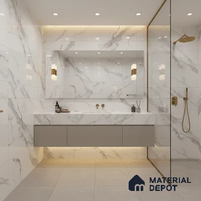 Modern bathroom with white marble-look wall tiles, floating vanity, and gold accents | Material Depot