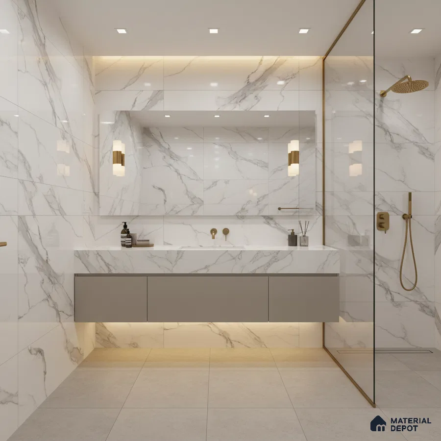 Modern bathroom with white marble-look wall tiles, floating vanity, and gold accents | Material Depot