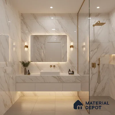 Modern bathroom with white marble-look wall tiles, floating vanity, and gold fixtures | Material Depot