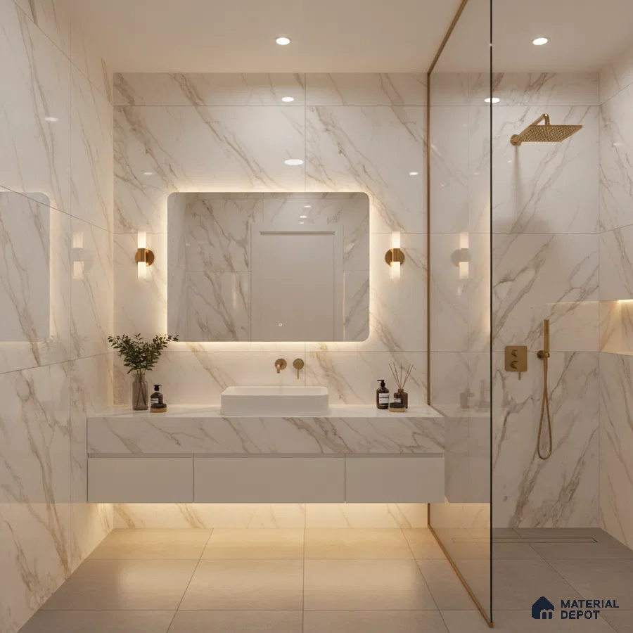 Modern bathroom with white marble-look wall tiles, floating vanity, and gold fixtures | Material Depot