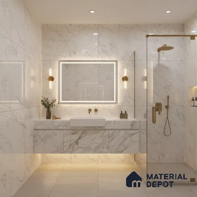 Modern bathroom with white marble-look wall tiles, floating vanity, and gold fixtures | Material Depot