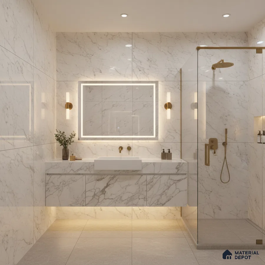 Modern bathroom with white marble-look wall tiles, floating vanity, and gold fixtures | Material Depot