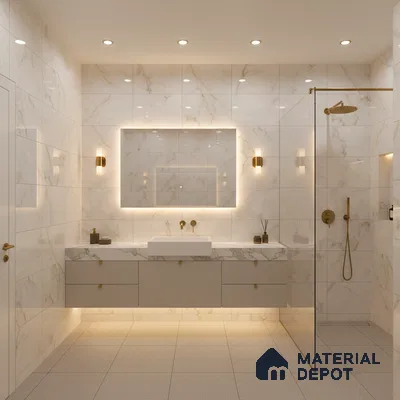 Modern bathroom with white marble-look wall tiles, floating vanity, and gold fixtures | Material Depot