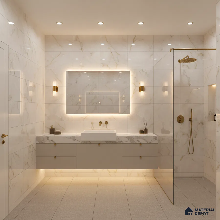 Modern bathroom with white marble-look wall tiles, floating vanity, and gold fixtures | Material Depot
