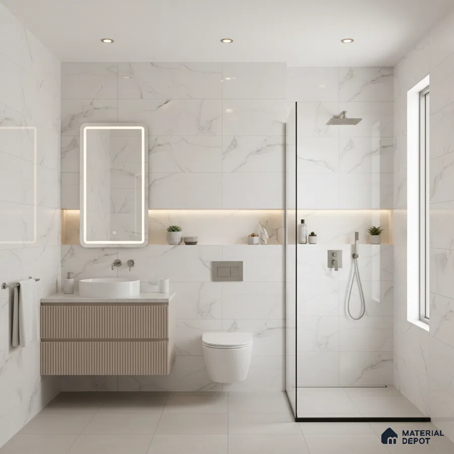 Modern bathroom with white marble-look wall tiles, fluted vanity, and minimalist fixtures | Material Depot