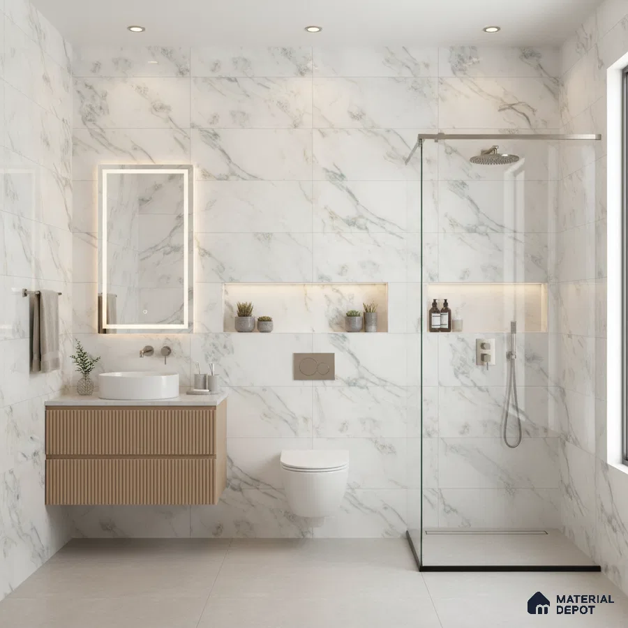 Modern bathroom with white marble-look wall tiles, fluted wood vanity, and minimalist fixtures | Material Depot