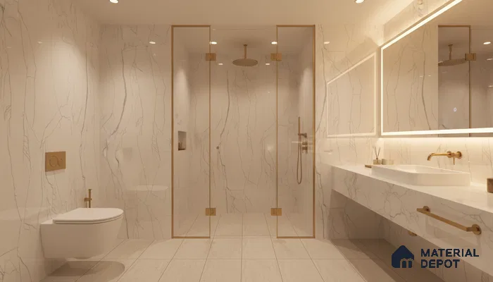 Modern bathroom with white marble-look wall tiles, gold accents, and floating marble vanity | Material Depot
